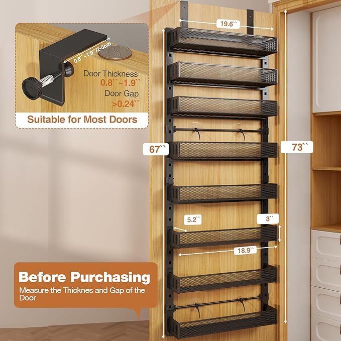Pantry Door Organizers and Storage,8-Tier Large Wide Metal Heavy-Duty Frame Over the Door Spice Rack, 2 in 1 Wall-Mounted or Hanging shelf for Kitchen, Bathroom, Laundry Room, Bedroom, Closet &Nursery