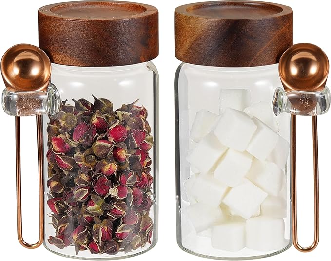 8 oz Small Glass Mason Jars with Scoop Wooden Screw Lid Spice Herb Storage Container Clear Round Glass Food Canister for Seasoning Sugar Tea Coffee Bean Spice Salts Pantry (2×250ml(8.4oz)with scoop)