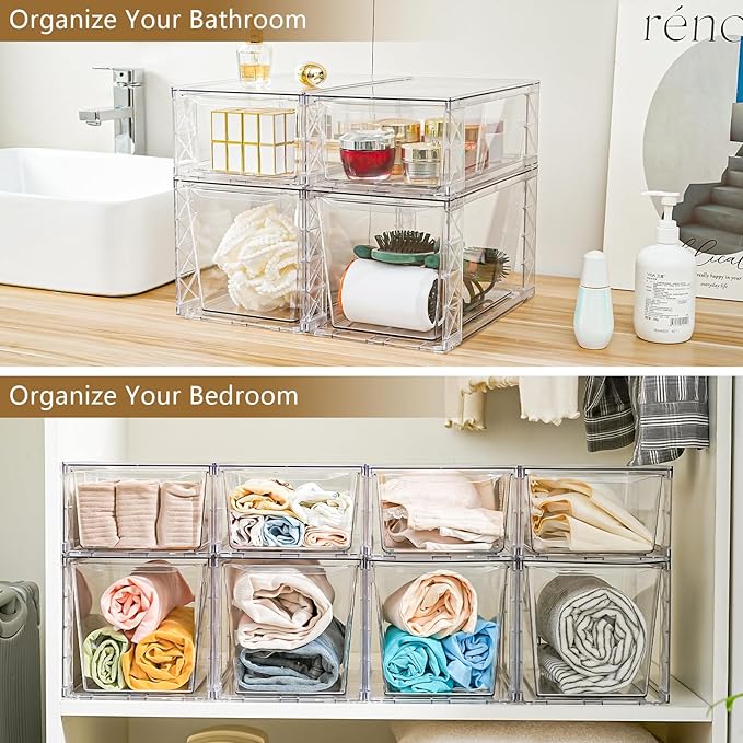 6Pack Stackable Kitchen Storage Organizer, Pantry Organizers and Storage, Clear Foods Organizer Bins with Handles, Easily Assemble for Bathroom, Kitchen, Pantry, Cabinet, Closet