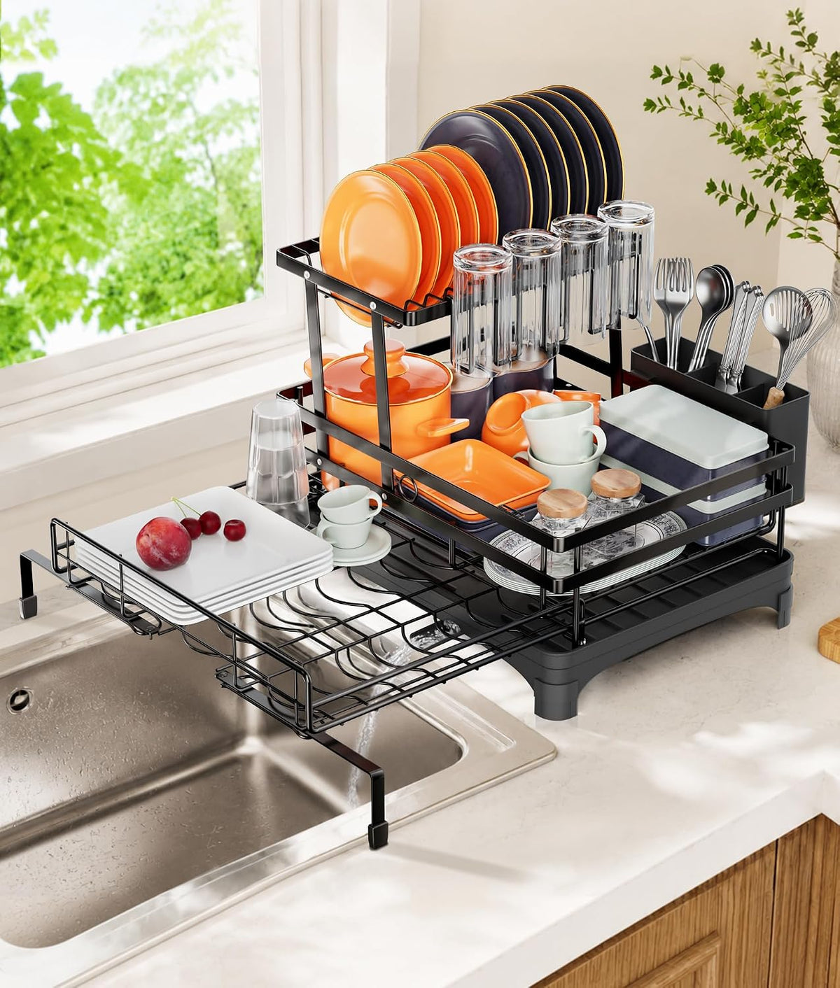 2-Tier Expandable Dish Drying Rack for Counter and Over Sink