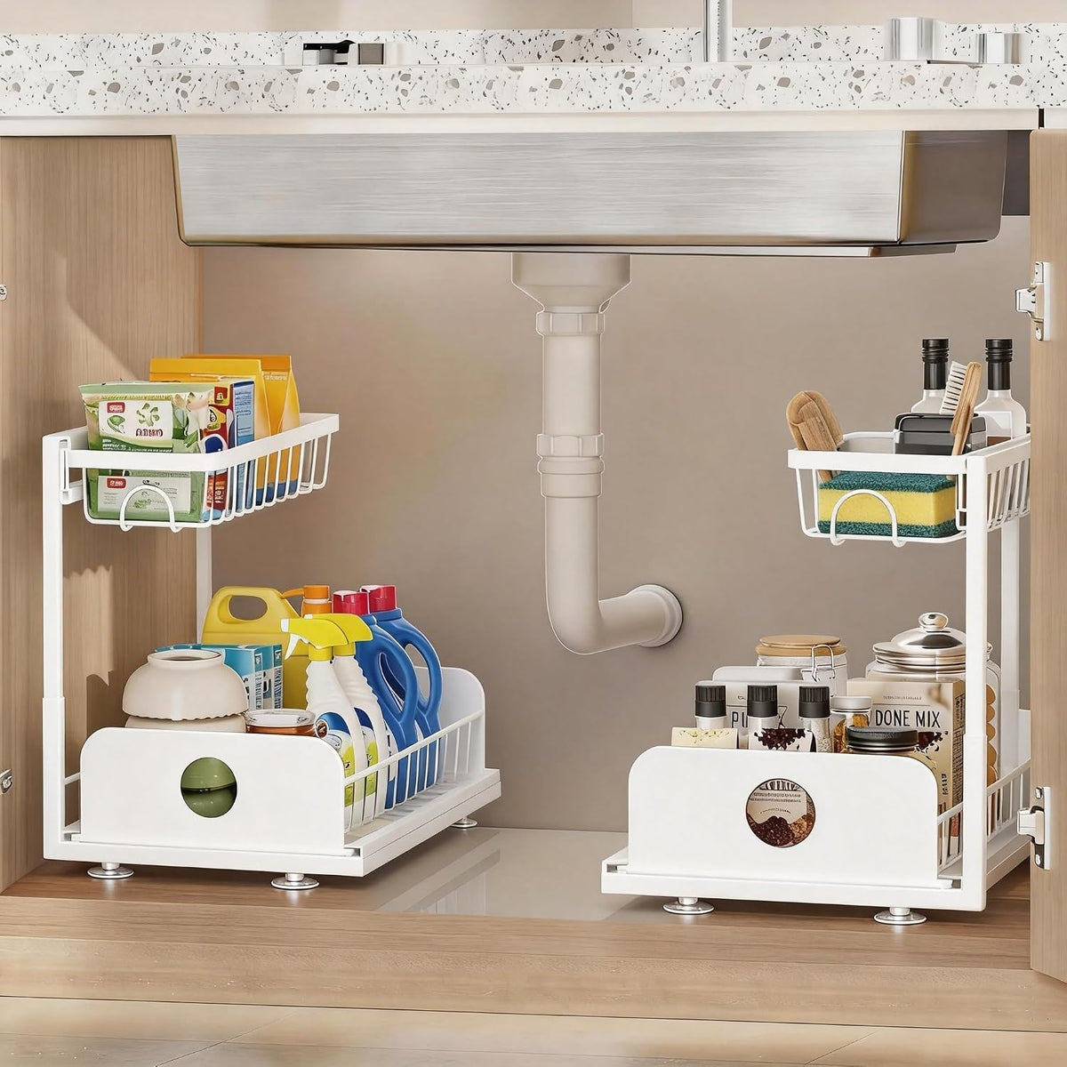 Under Sink Organizer, 2 Pack Under Kitchen Cabinet Organizer, Height Adjustable Pull Out Mute Slide-Out 2 Tier Metal Under Sink Storage for Bathroom, Pantry, Kitchen & Bedroom (White, 2 Pack)