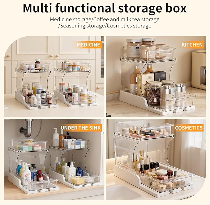 Jsyrjing Pull Out Spice Rack, 2 Tier Clear Cabinet Organizer for Kitchen and Bathroom Storage, Rotating Pantry Organizer and Makeup Organizer for Drawer, Durable Design, 2 Pack Under Sink Organizer
