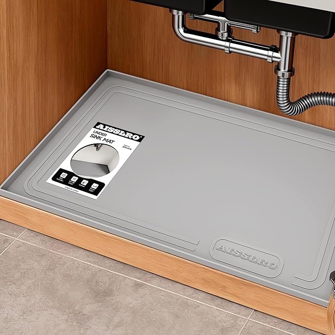 Aisslro Under Sink Mat 31" X 22", Waterproof Silicone Under Sink Mats for Kitchen, Anti-Leak Shelf Liner & Cabinet Protector with Raised Edge, [BPA Free] Bathroom Tray Home Organizer, Gray