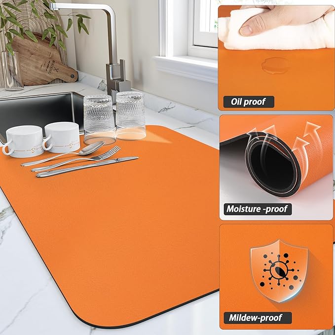 HotLive Dish Drying Mat for Kitchen Counter, Heat Resistant Drainer Mats with Non-slip Rubber Backed, Hide Stain Kitchen Super Absorbent Draining Mat, Easy to Clean Dish Rack Pad, Orange 18"x28"