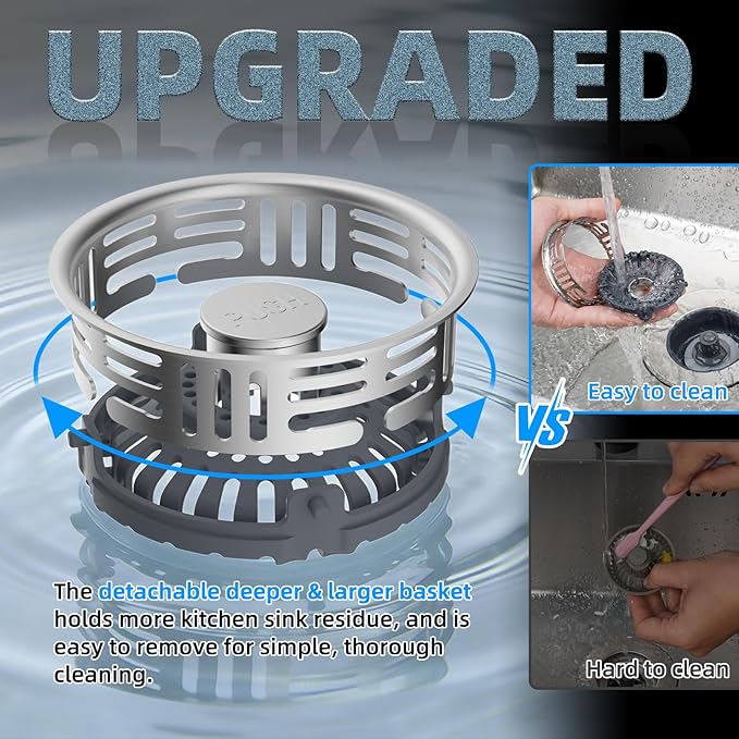 Hibbent Upgraded 2 Pack 3 in 1 Kitchen Sink Drain Strainer, Stainless Steel Pop Up Sink Stopper, Larger Anti-Clogging Basket, 3-Layer Seal, Detachable Plug for US Standard 3-1/2" Drain, Brushed Nickel