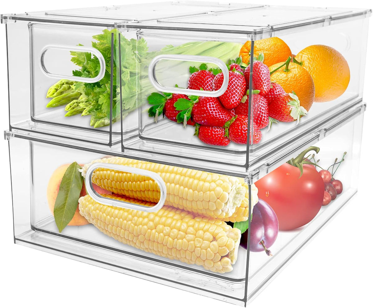 3 Pack Refrigerator Organizer Bins with Pull-out Drawer Stackable Clear Fridge Drawer Organizer Fruit Vegetable Storage Containers for Kitchen Pantry Organization (1 Large+2 Small)