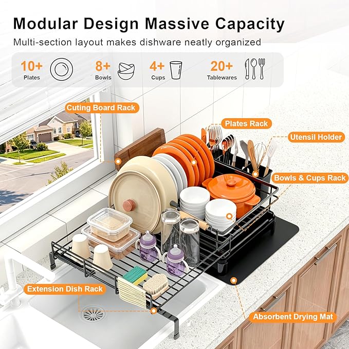4-in-1 Extendable Dish Drying Rack, Large Capacity Modular Organizer System, Tool-Free Dish Drainer with Self-Draining Tray, Universal Fit & Rust-Resistant Dish Racks for Kitchen Counter
