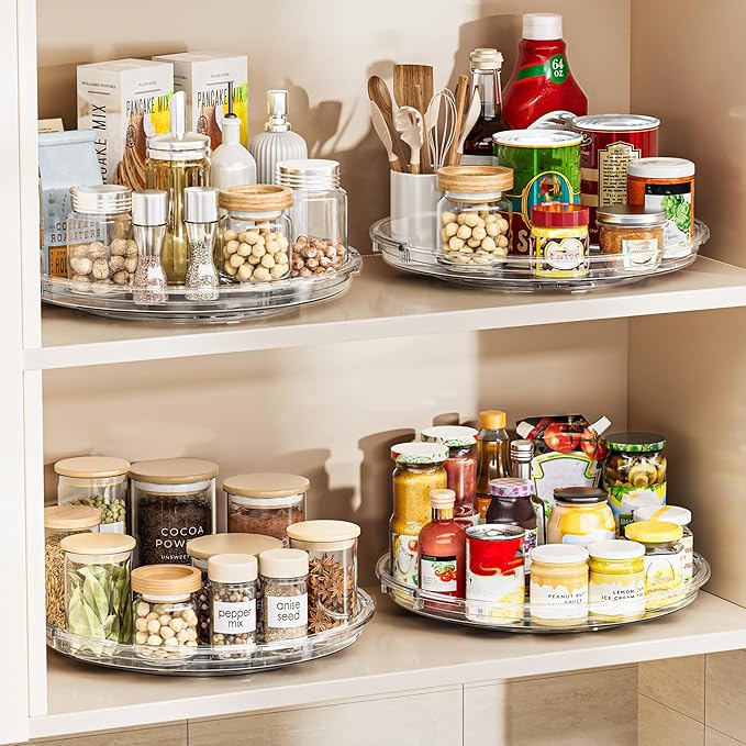 LAMU 12 Inch Lazy Susan Turntable, 360° Rotating Organizer Storage for Cabinet & Table Top, Pantry, Fridge, Bathroom, 2 Pack Clear Spice Rack, Kitchen Storage Tray for Medicine & Countertop