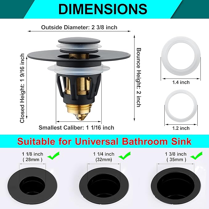 Universal 1.25" Bathroom Sink Stopper - Wash Basin Bounce Drain Filter, Pop Up Drain Stopper, Bullet Core Push Type Sink Stopper, Sink Drain Plug with Anti-Clogging Strainer, Matte Black1