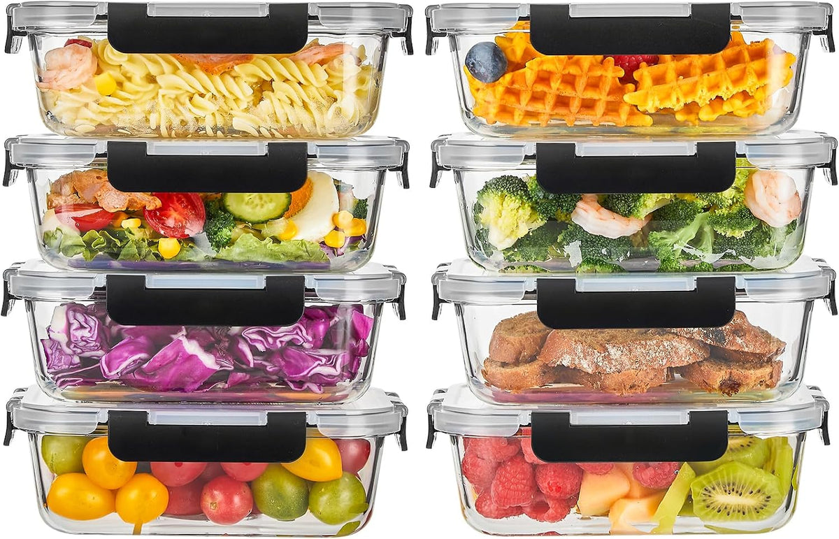 8 Pack 36OZ Glass Food Storage Containers with Lids, Meal Prep Containers, Airtight Bento Boxes with Leak Proof Locking for Microwave, Oven, Freezer and Dishwasher, BPA Free