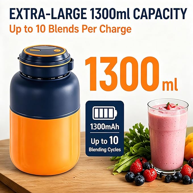 Portable Wireless Juicer Cup for Protein Shakes & Smoothies, 45oz USB-C Rechargeable Blender with 38 Stainless Steel Blades for Ice, Frozen Fruit, Gym, Travel & Camping (Blue, 27, Fluid Ounces)