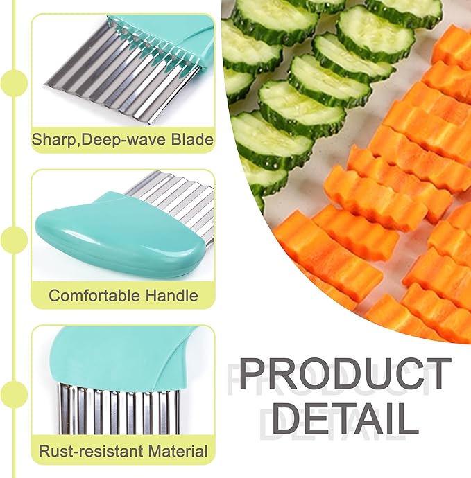 2 Pcs Crinkle Cutter for Veggies, Stainless Steel Wavy Cutter for Potato, Carrot, Chip, Vegetable, Butter, Lettuce (Green and Blue)