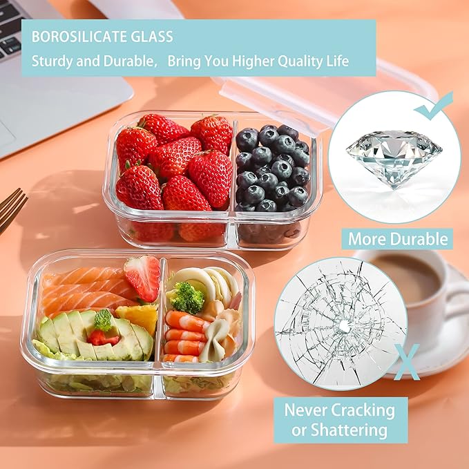 Bayco 10 Pack Glass Meal Prep Containers 2 Compartment, Glass Food Storage Containers with Lids, Airtight Lunch Bento Boxes, Leak Proof (10 lids & 10 Containers)