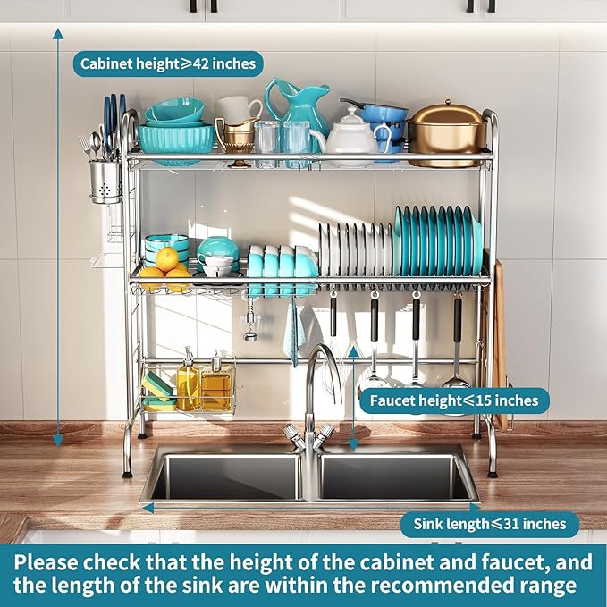HOWDIA 3-Tier Over The Sink Dish Drying Rack,Stainless Steel Dish Rack with Cutlery Holder & Chopping Board Rack, 33.9” x 11.4” x 32.3” for Maximum Kitchen Storage（Black）