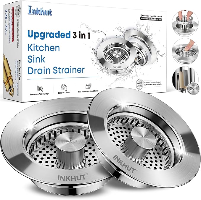 Upgraded 3 in 1 Kitchen Sink Drain Strainer - Stainless Steel Sink Stopper, Anti-Clogging Sink Food Catcher Basket, Fast Drainage Odor Filter Sink Plug for US Standard 3 1/2 inch Drain (Silver-2Pack)