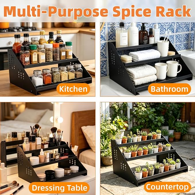 RICHMYC 3 Tier Spice Rack Organizer for Cabinet, Expandable Metal Spice Organization Shelf, Adjustable Step Seasoning Organizer for Countertop and Pantry, Anti-Slip Kitchen Spices Storage Display