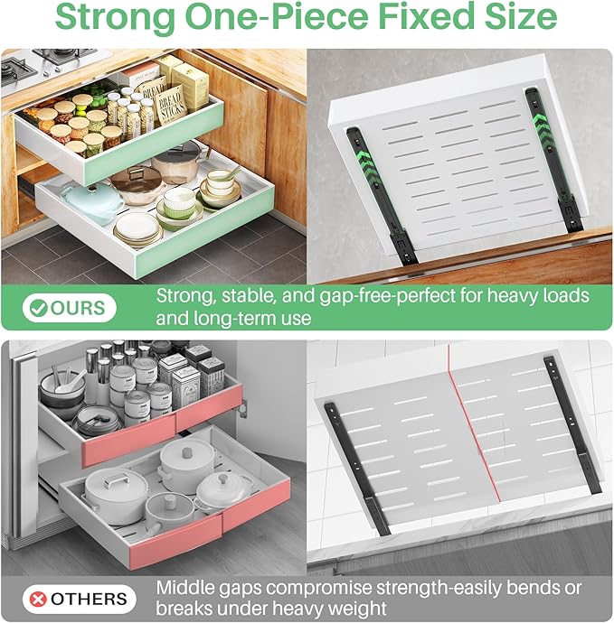 Pull Out Cabinet Organizer with Nano Adhesive, Heavy Duty Full-Extension Slide-Out Drawer for Kitchen Cabinet Organizers and Storage, No Drill Roll out Pantry Shelf, 11.8"W x 16.9"D x 3.1"H , White