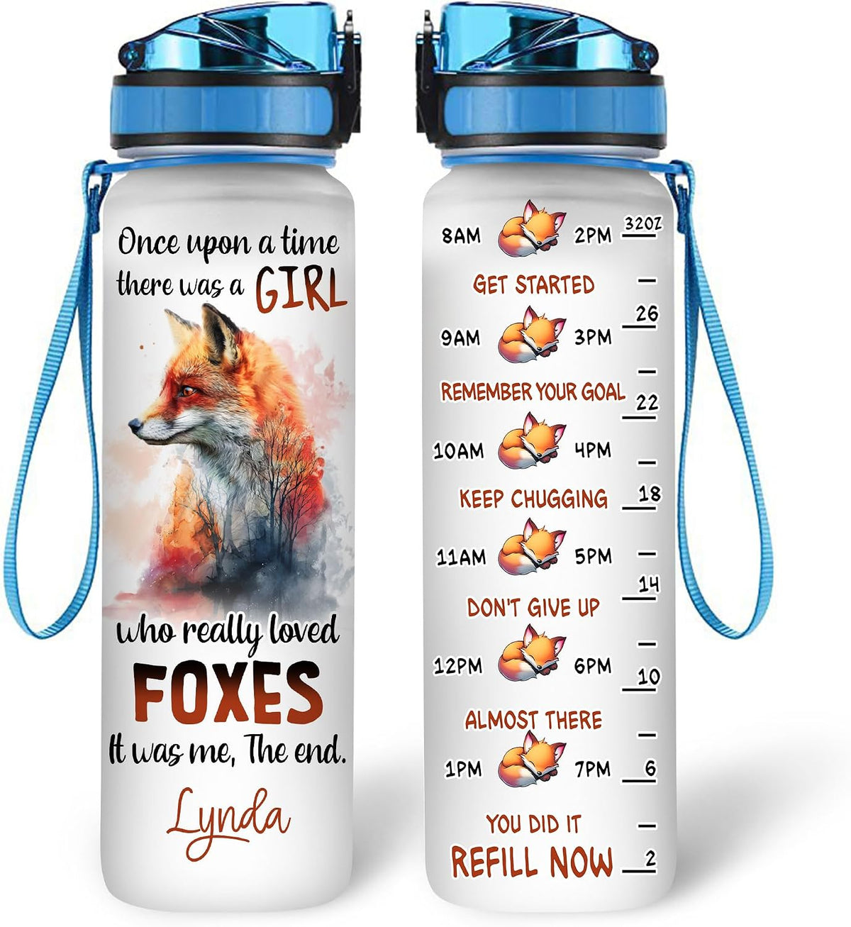Personalized Fox Lovers 32 Oz 1Liter Motivational Water Bottle, Once Upon A Time Girl Love Foxes Custom Name Water Bottle With Time Marker, Gifts For Women Girl On Birthday, Mother Day's