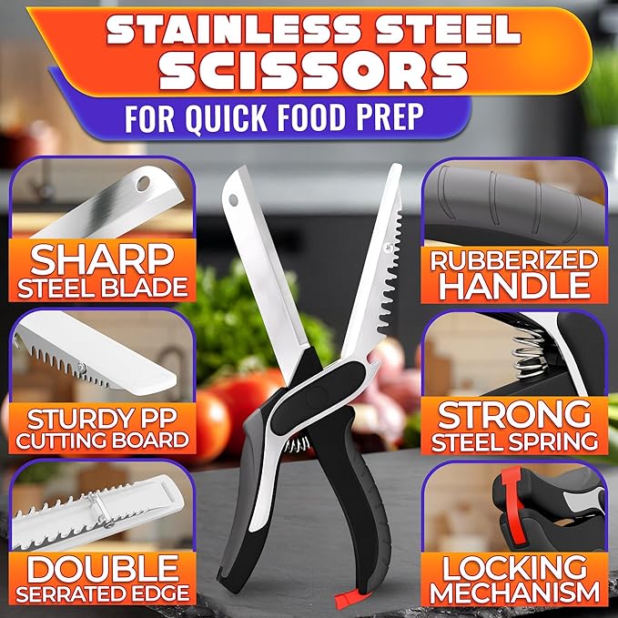 6-in-1 Cutting Board Scissors for Meat & Vegetables - Kitchen Shears Heavy Duty with Built-In Cutting Board, Easy One-Hand Food Prep with Less Mess - Spring-Assist Meat Scissors for Fish & Fruit