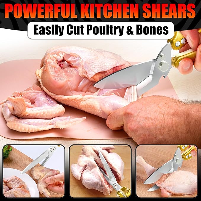 Heavy Duty Poultry Shears – Kitchen Shears Dishwasher Safe, Spring-Loaded, 3Cr14 Steel, Micro-Serrated, Separates for Easy Cleaning | Bone Scissors for Chicken, Turkey, Seafood & Fish Scale (Gold)
