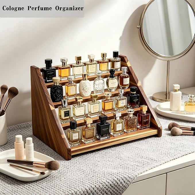 Acacia Wood 4 Tier Cologne Organizer for Men, Ladder Perfume Display Stand, Vanity Countertop Cologne Shelf, Perfume Organizer Stand Ideal Gift for Men Women