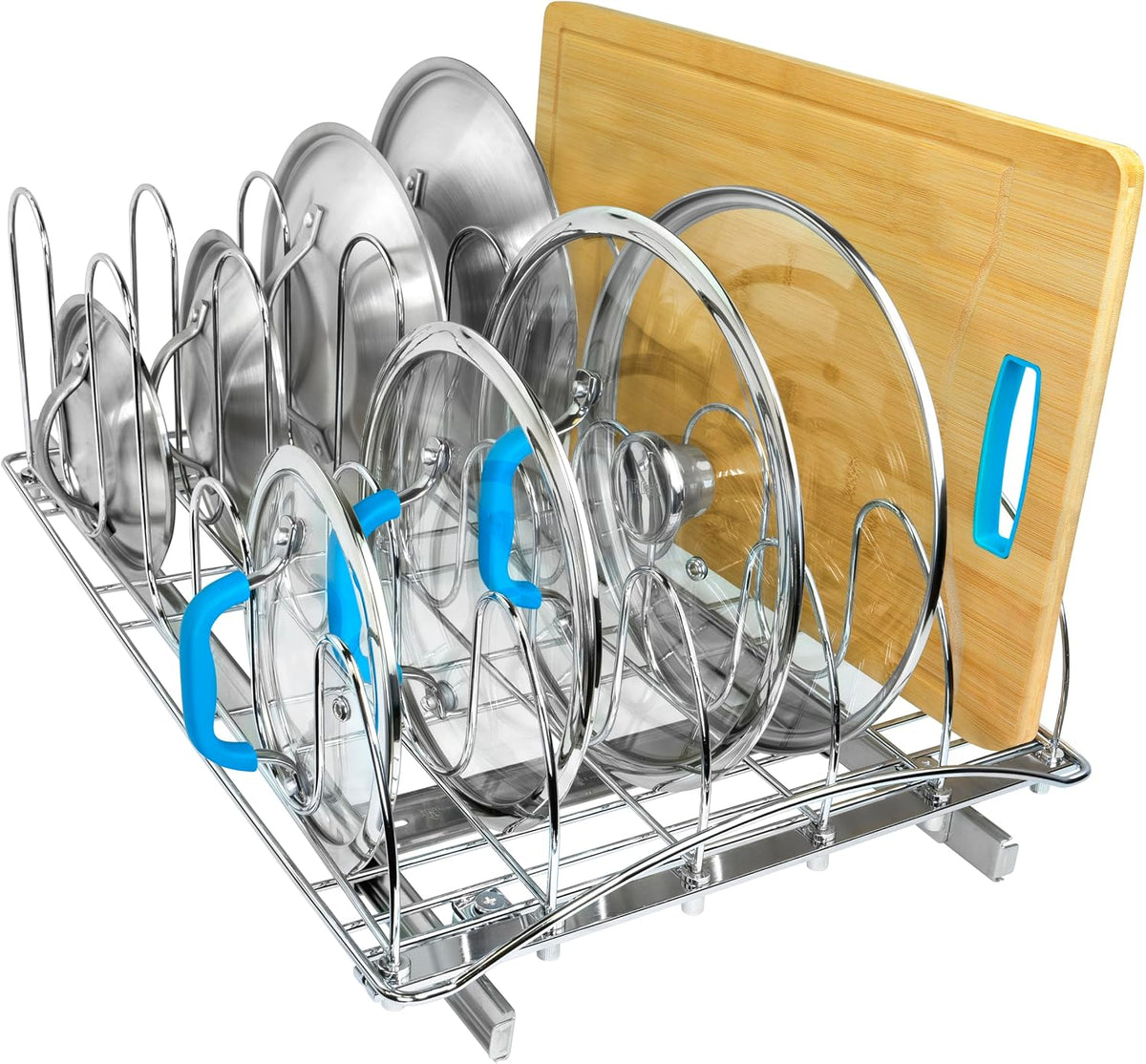 Pull Out Pot and Pan Lid Organizer Inside Cabinet - Lifetime Ltd. Warranty – Cookie Sheet Organizer for Cabinet – Slide Out Baking Sheet Organizer - 14W x 21D, Extra-Large, Chrome