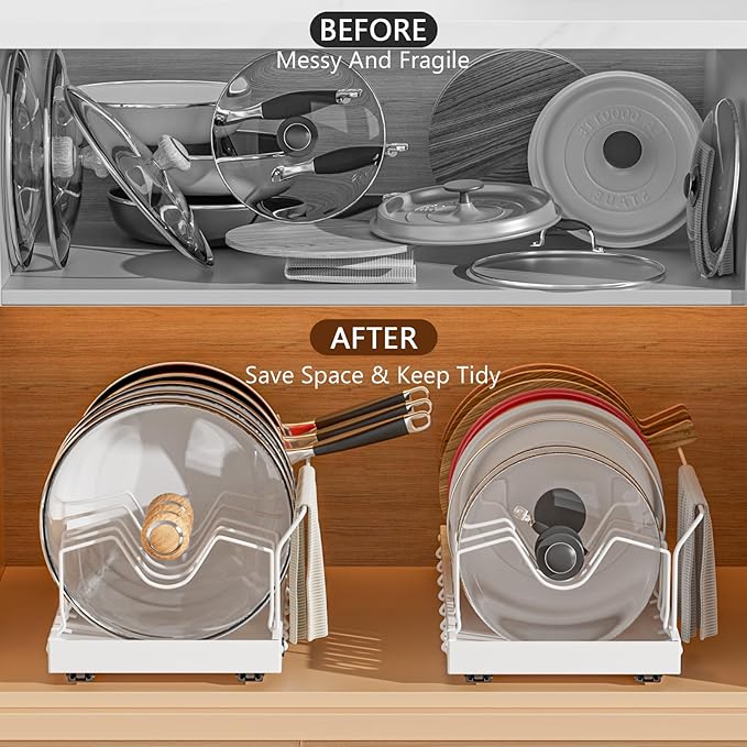 Pots and Pans Organizer Under Cabinet, Pull-out Pots and Pans Organizer, Under Cabinet Pot Lid Holder, Sliding type Pots and Pans Storage with 8 Adjustable Dividers & Handle Bracket - White