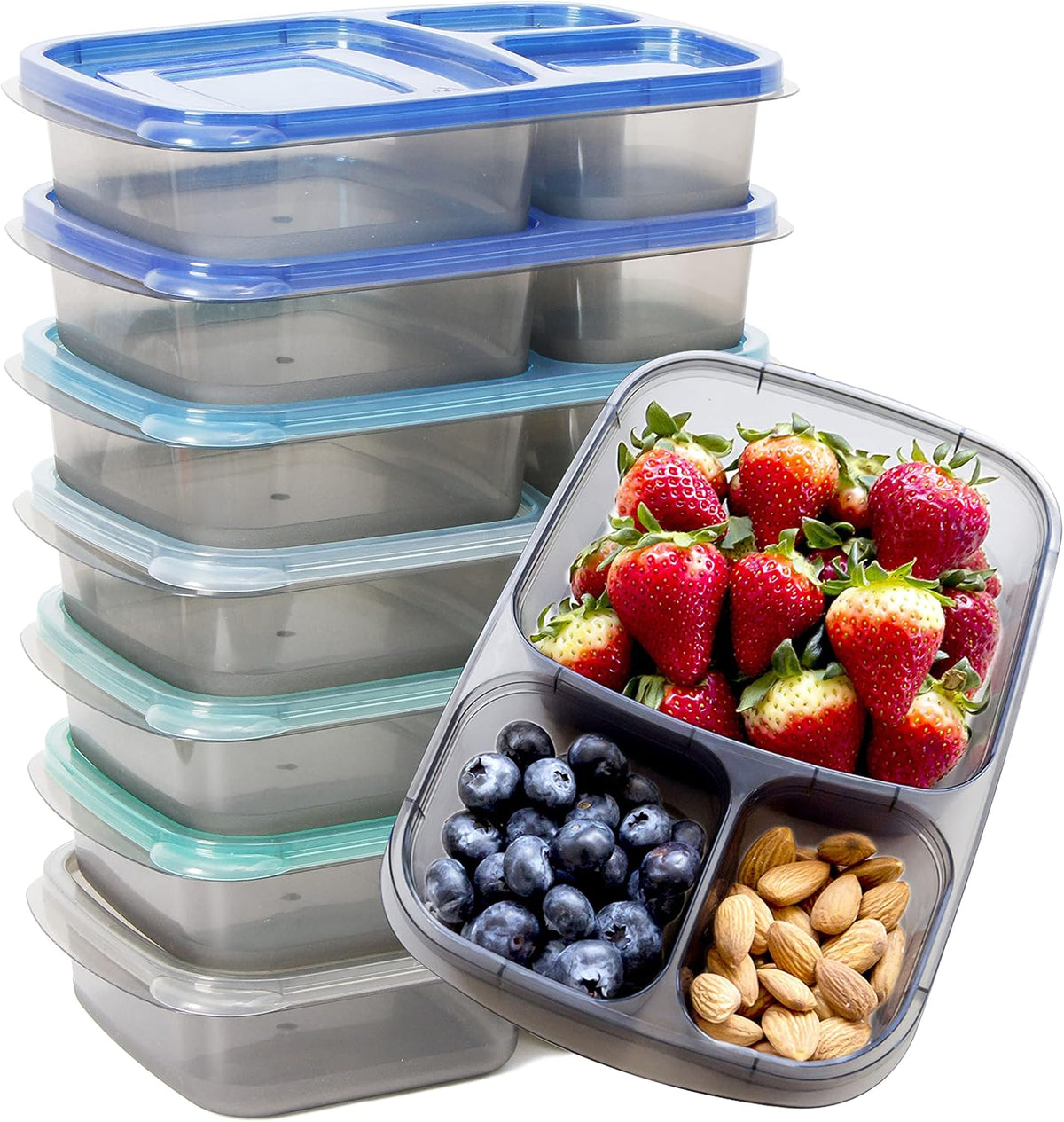 7 Sets Bento Lunch Box, Meal Prep Containers, Reusable 3 Compartment Plastic Divided Food Storage Container Boxes