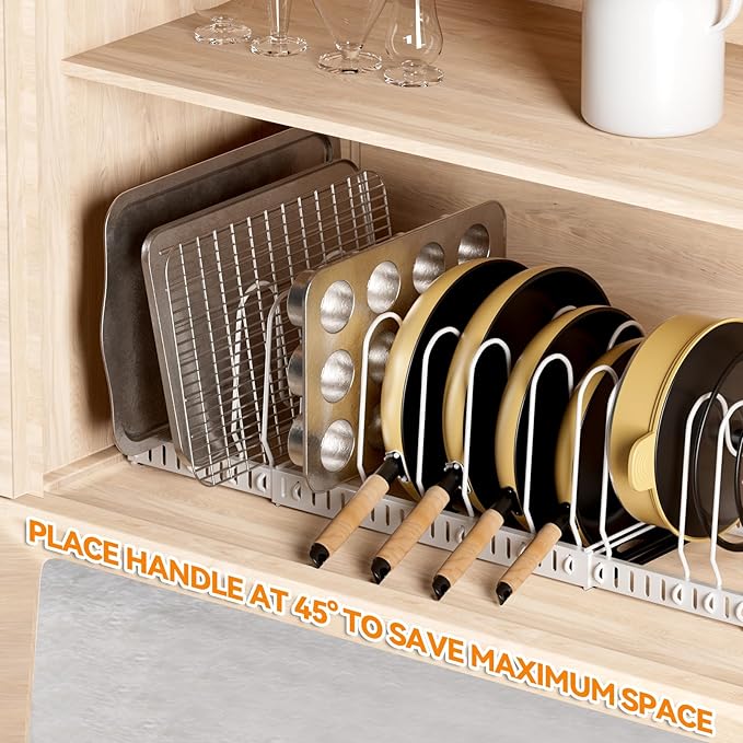 Pot and Pan Organizer Rack for Cabinet, 3 Expandable Pot Lid Organizer Holder with 12 Adjustable Compartment for Kitchen Cutting Board, Pan Lid, Bakeware, White