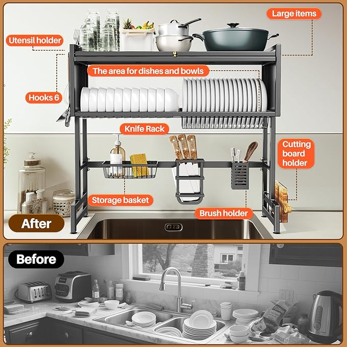 Over The Sink Dish Drainer Drying Rack 3 Tiers with Cover, Keep Kitchen Sink Shlef Organized Space-Saving Dish Drying Rack, Large Stainless Steel Sink Dish Rack for Dishes, Bowls, Cutlery (37.4"w)