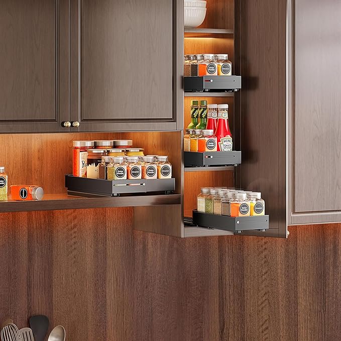 SNTD Pull Out Spice Rack for Upper Cabinet - Expandable Organizer with Smooth Ball Bearing Slides, No Drill Mounting Spice Storage for Kitchen (2 Pack, 4.1" to 7.2" W X 10" D X 2.2" H)