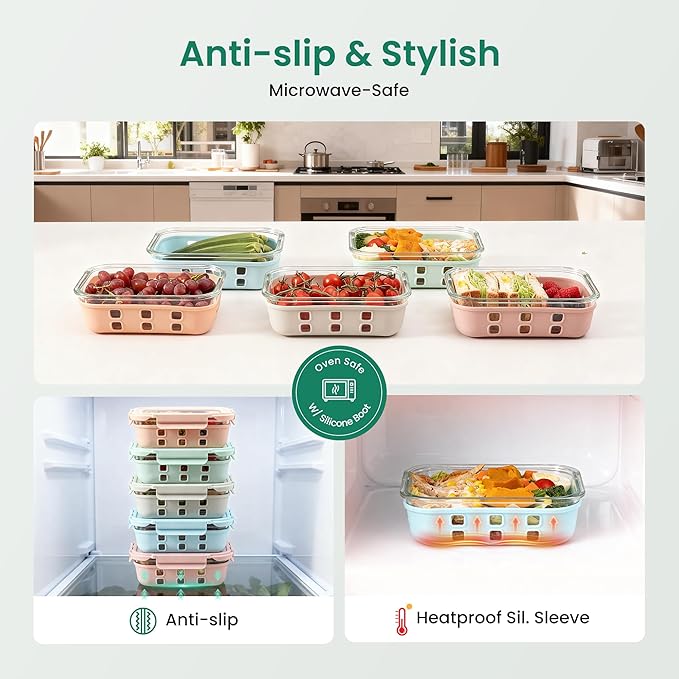 GENICOOK Glass Meal Prep Containers 5 Pack, 4.4 Cup Airtight Leakproof Lids, Borosilicate Glass Food Storage Containers, Microwave Oven Freezer Safe, BPA Free Lunch Containers