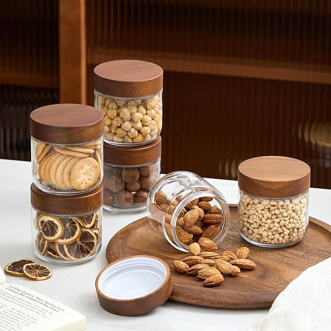 Danmu 12 oz Overnight Oats Containers with Lids,Salad Jar,Glass Jar with Wooden Lid 4 Pack,Mason Jars 12 oz with Lids for Snack,Overnight Oats,Meal Prep,Yogurt,Parfait,Soup,Salad 100% Leak-proof