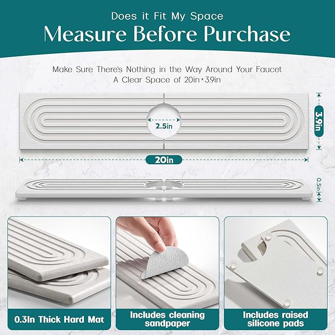 Eormoe Stone Faucet Mat for Kitchen Sink – Diatomite Drying Stone Mat & Sink Protector, Prevents Moisture – Sink Splash Guard Water-Absorbing Stone Tray for Bathroom Counter (Light Grey, 20" x 3.9")