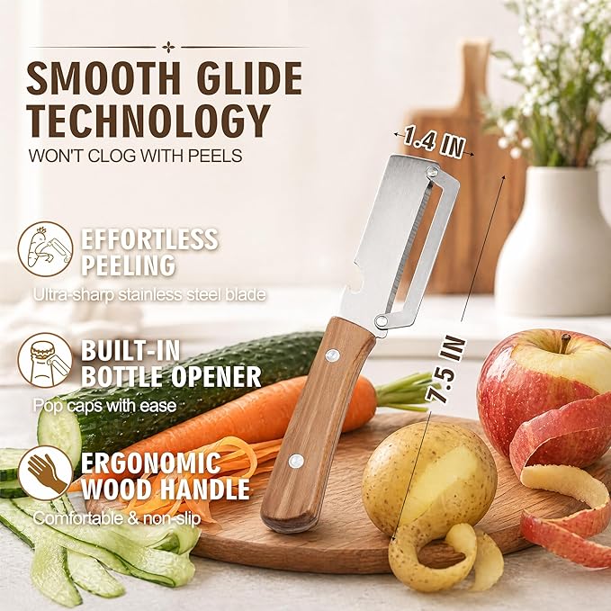 Vegetable Peeler, Multi Functional Premium 2-in-1 Potato Peelers, with Wooden Handle & Bottle Opener, Stainless Steel Kitchen Tool for Fruit Potato Pumpkin Papaya, Pare Necessary Kitchen Tools 1 Pcs