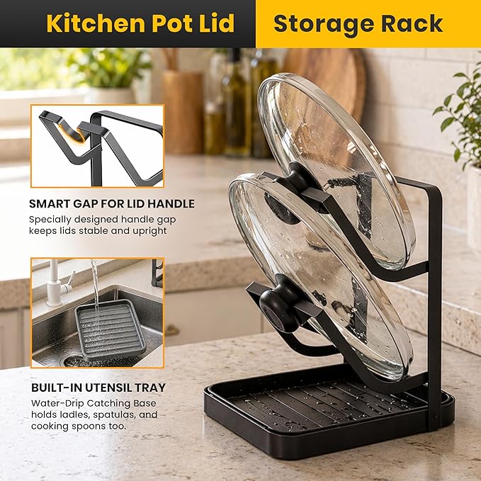 Pot Lid Holder with Removable Drip Tray, Multifunctional Double Layer Pot Lid Organizer for Countertop, Kitchen Pot Lid Storage Rack for Covers, Cutting Boards, Utensils (Grey)