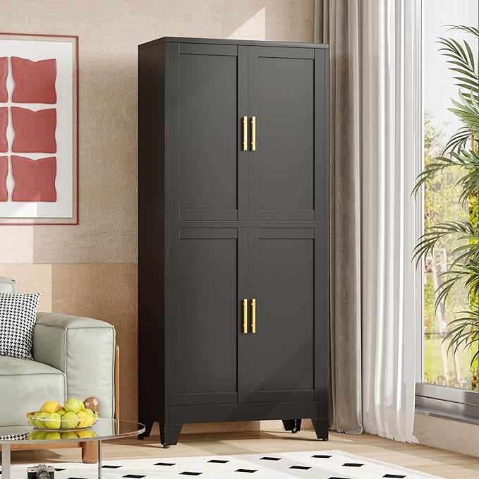 winiowa 75" Tall Kitchen Pantry Cabinet, Metal Storage Cabinet with Doors and Adjustable Shelves, Black Freestanding Pantry Cabinet for Kitchen, Dining Room, Living Room, Laundry Room, Bathroom