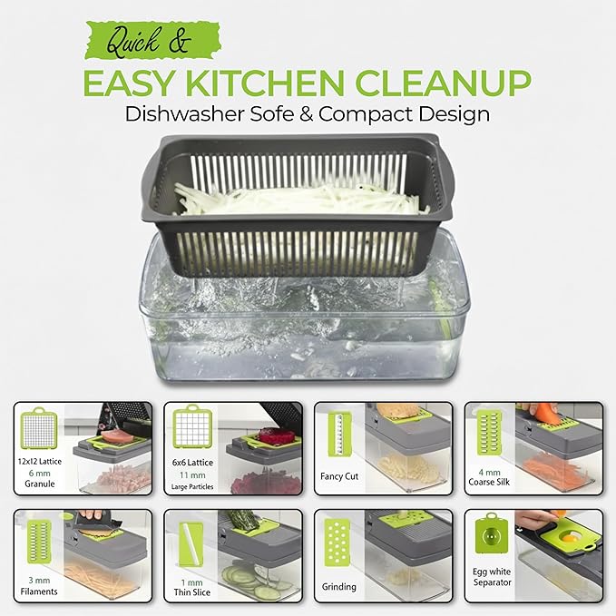 Vegetable Chopper - 14 In 1 Multifunctional Food Chopper with Container - Vegetable Cutter with Container for Salad - Kitchen Gadgets & Essential Kitchen Tool Set for Onion, Potato, Fruits & Veggies