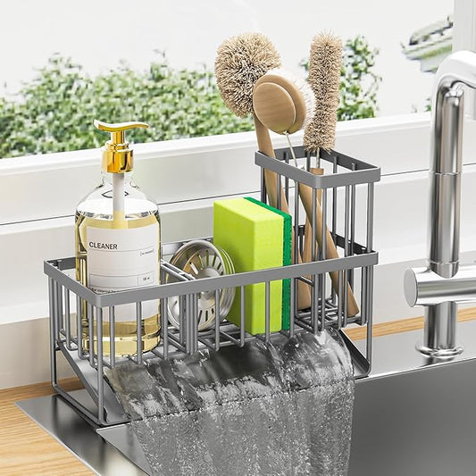 Cisily Sink Caddy Organzier with High Brush Holder, Sponge Holder for Sink, 304 Rustproof Stainless, Kitchen Countertop Soap Dispenser Organizer