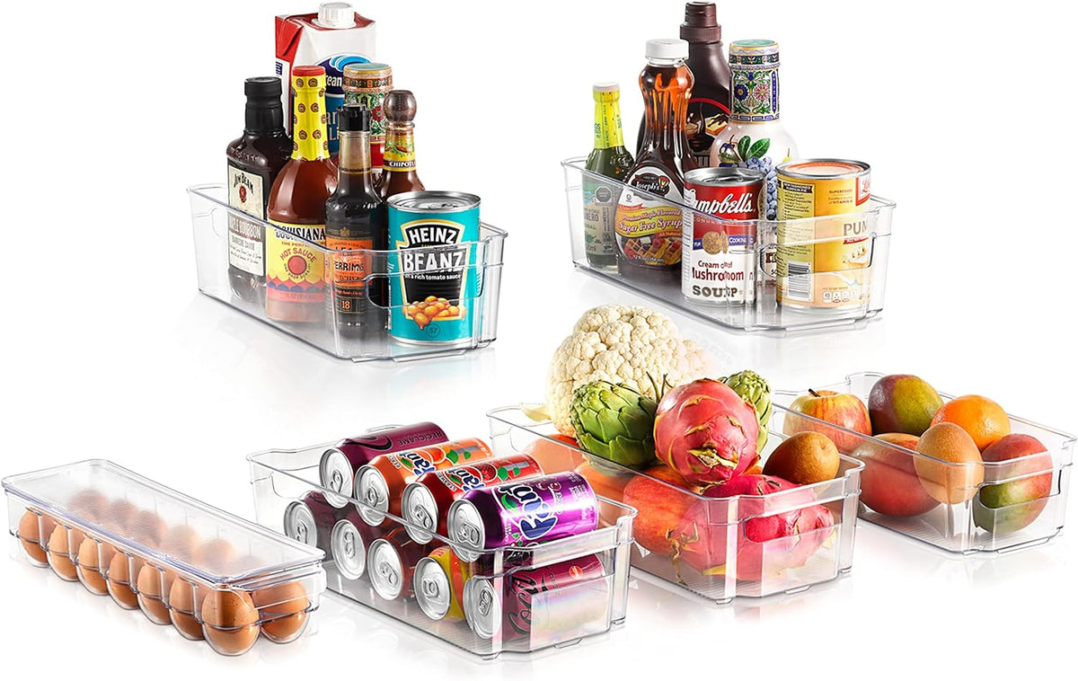 Refrigerator Organizer Bins 6-Piece - Plastic Storage Bins with Egg Holder - For Fridge, Freezer, Kitchen, Cabinet, Countertops, Pantry - Stackable Food & Drink Containers, 14.5"x7" - Clear