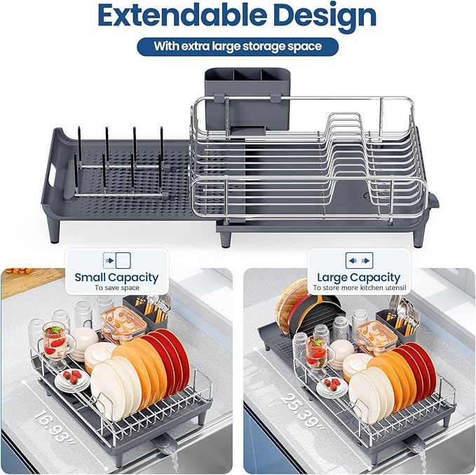 TOOLF Expandable Dish Rack, Dish Drying Rack for Kitchen Counter, Foldable Dish Dryer Rack, Stainless Steel Dish Drainer Racks with Cutlery Holder, Collapsible Dish Drying Racks Large Size,Gray