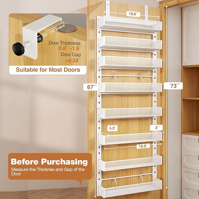 Pantry Door Organizers and Storage,8-Tier Large Wide Metal Heavy-Duty Frame Over the Door Spice Rack, 2 in 1 Wall-Mounted or Hanging shelf for Kitchen, Bathroom, Laundry Room, Bedroom, Closet &Nursery