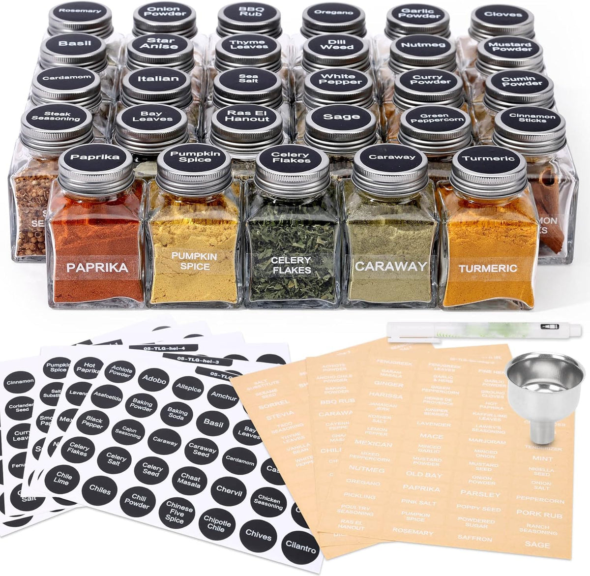 Glass Spice Jars with 372 Labels, 29 Pcs 4.5 oz Seasoning Containers