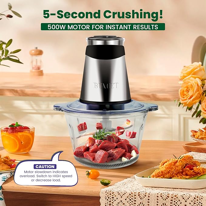 BUMET Electric food processor vegetable chopper 500W 2x8cup bowls 2 bi-layer 4 blades Small Food chopper ideal as Electric Meat grinder for home use,Mincing,chopping for kitchen aid,baby foot,pet food
