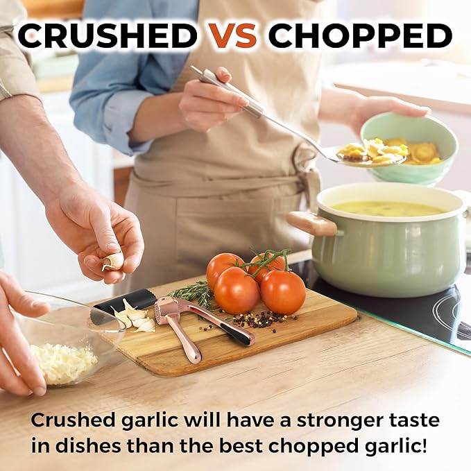 Zulay Kitchen Premium Garlic Press Set - Rust Proof Professional Garlic Mincer Tool - Easy-Squeeze, Easy-Clean with Soft Handle - Silicone Garlic Peeler & Brush (Rose Gold)