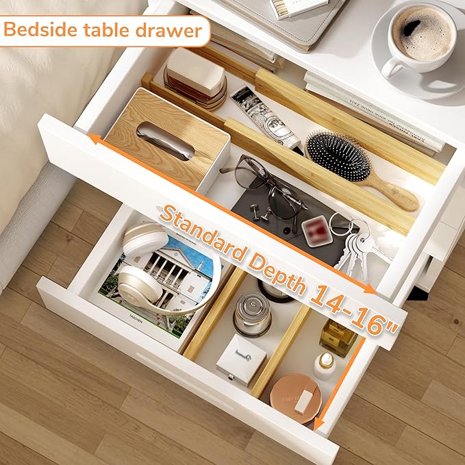 BAMEOS Bamboo Expandable Drawer Dividers – Fits 13.3"–19" Drawers, 2" High, Set of 4 | Spring-Loaded Bamboo Separator for Kitchen Island, Bathroom Vanity & Dresser Drawers