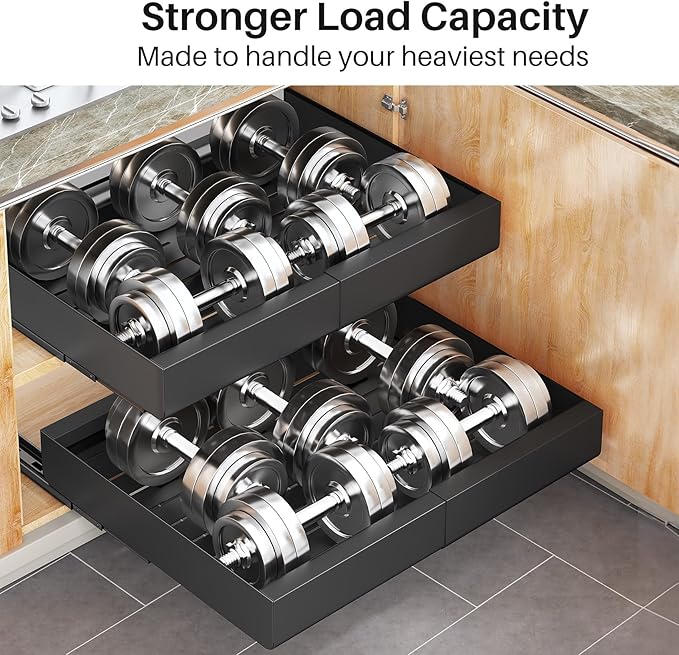 Kitstorack Pull out Cabinet Organizer, Expandable(12"-20") Heavy Duty Slide out Drawer Fixed with Adhesive Nano Film for Pots, Roll out Shelf Storage for Kitchen Base Organization(2-Pack)
