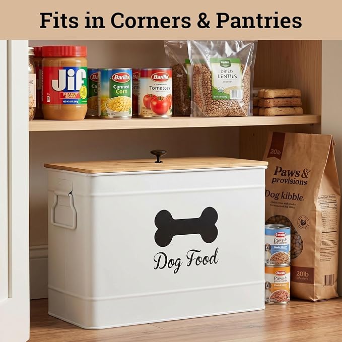 Dog Food Container Airtight 15-20 lb (70 Cup) Capacity with Metal Scoop - Cute Airtight Dog Food Storage Container with Bamboo Lid - White Metal Kibble Storage Bin for Dogs up to 100 lbs - Big Pet Jar