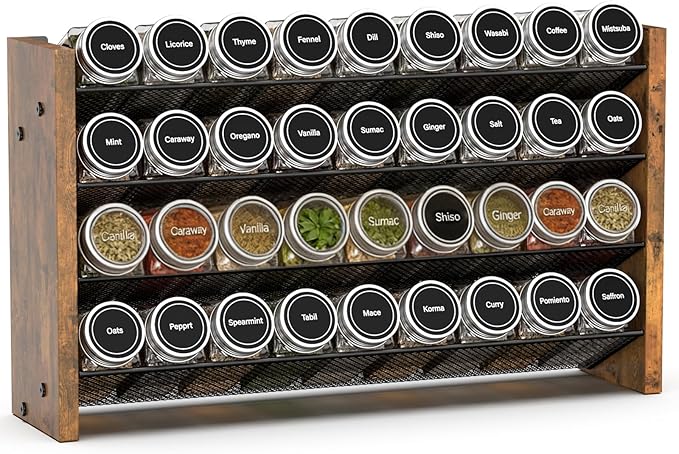 NESAPTO Spice Rack Organizer for Cabinet, Wood 4-Tier Vertical Seasoning Organizer, Wall Mount or Countertop Spice Shelf, Holds 36 Jars (No Jars Included), 17.2" W x 10.3" H
