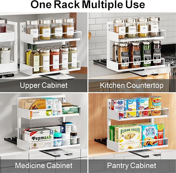 iSPECLE Spice Rack Organizer for Cabinet - 2 Pack Rotate No-Drill Vertical Spice Rack Pull Out Swivel Easy Access Spices, Adjust Height for 4oz to 8oz Spice Jars Inside Kitchen Pantry Cabinet, White
